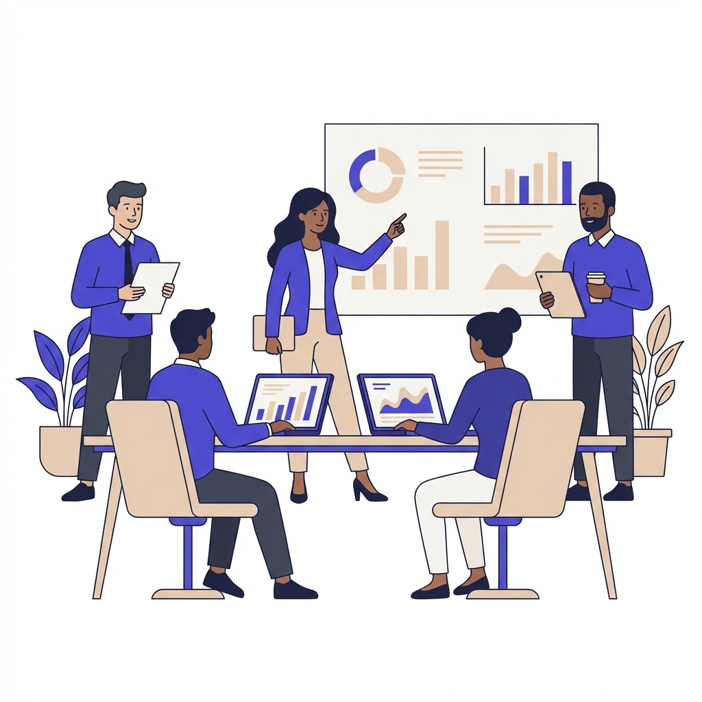 Business team collaborating with charts and technology